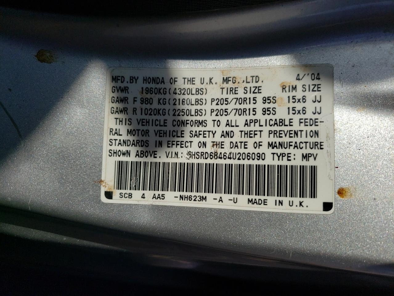 Photo 10 from auction – 2004 HONDA CR-V LX with VIN SHSRD68464U206090