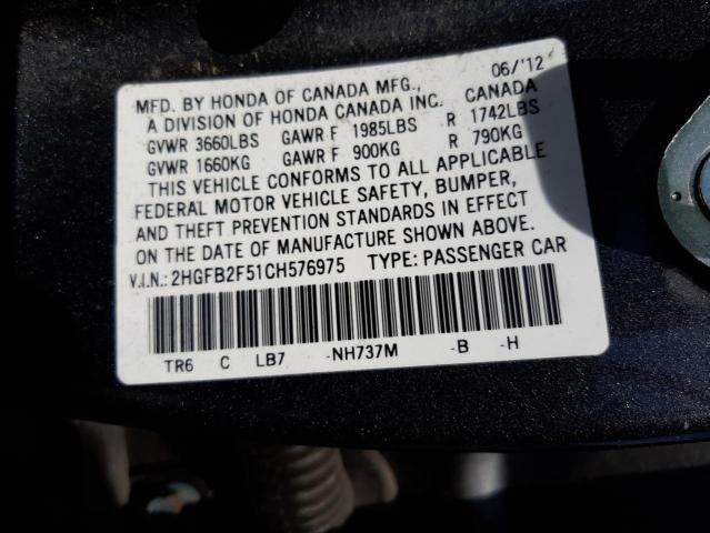 Photo 10 from auction – 2012 HONDA CIVIC LX with VIN 2HGFB2F51CH576975