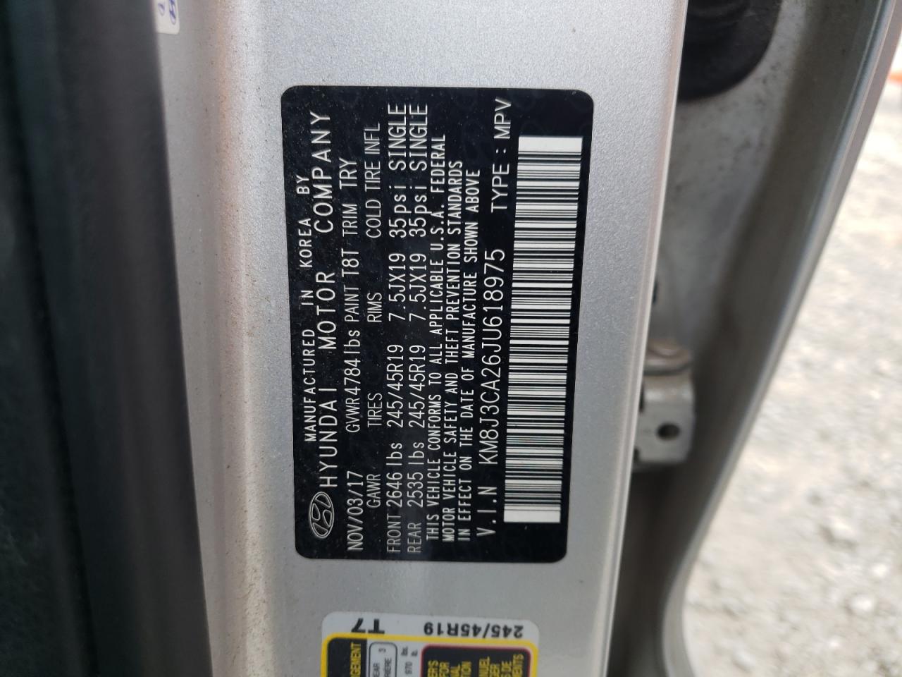 Photo 10 from auction – 2018 HYUNDAI TUCSON VAL with VIN KM8J3CA26JU618975