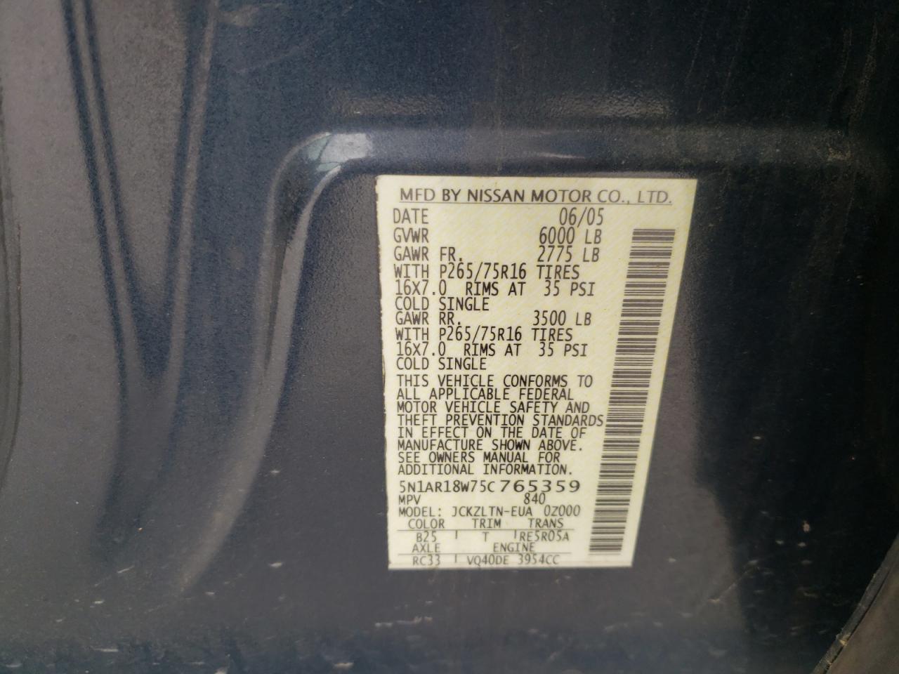 Photo 10 from auction – 2005 NISSAN PATHFINDER with VIN 5N1AR18W75C765359