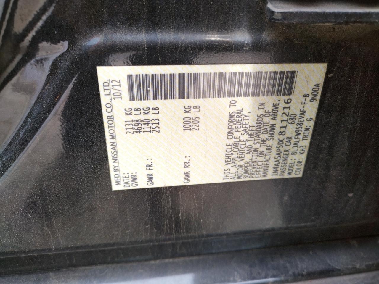 Photo 10 from auction – 2013 NISSAN MAXIMA S with VIN 1N4AA5AP5DC811216