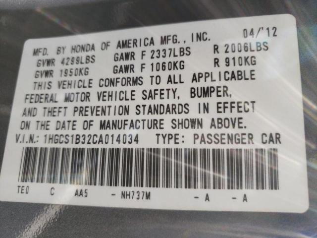 Photo 10 from auction – 2012 HONDA ACCORD LX with VIN 1HGCS1B32CA014034