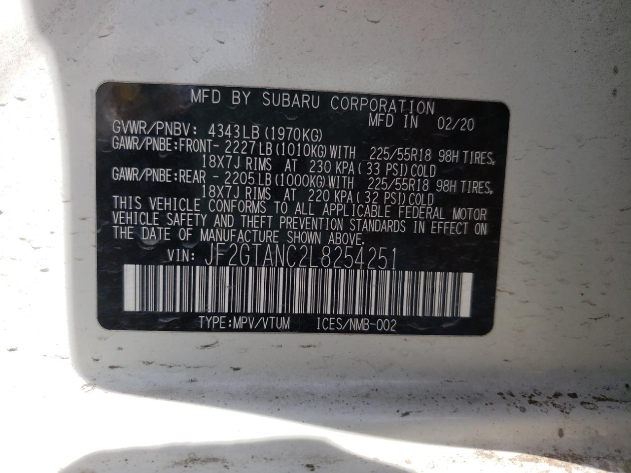 Photo 11 from auction – 2020 SUBARU CROSSTREK with VIN JF2GTANC2L8254251