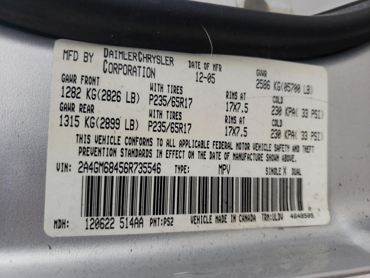 Photo 10 from auction – 2006 CHRYSLER PACIFICA T with VIN 2A4GM68456R735546