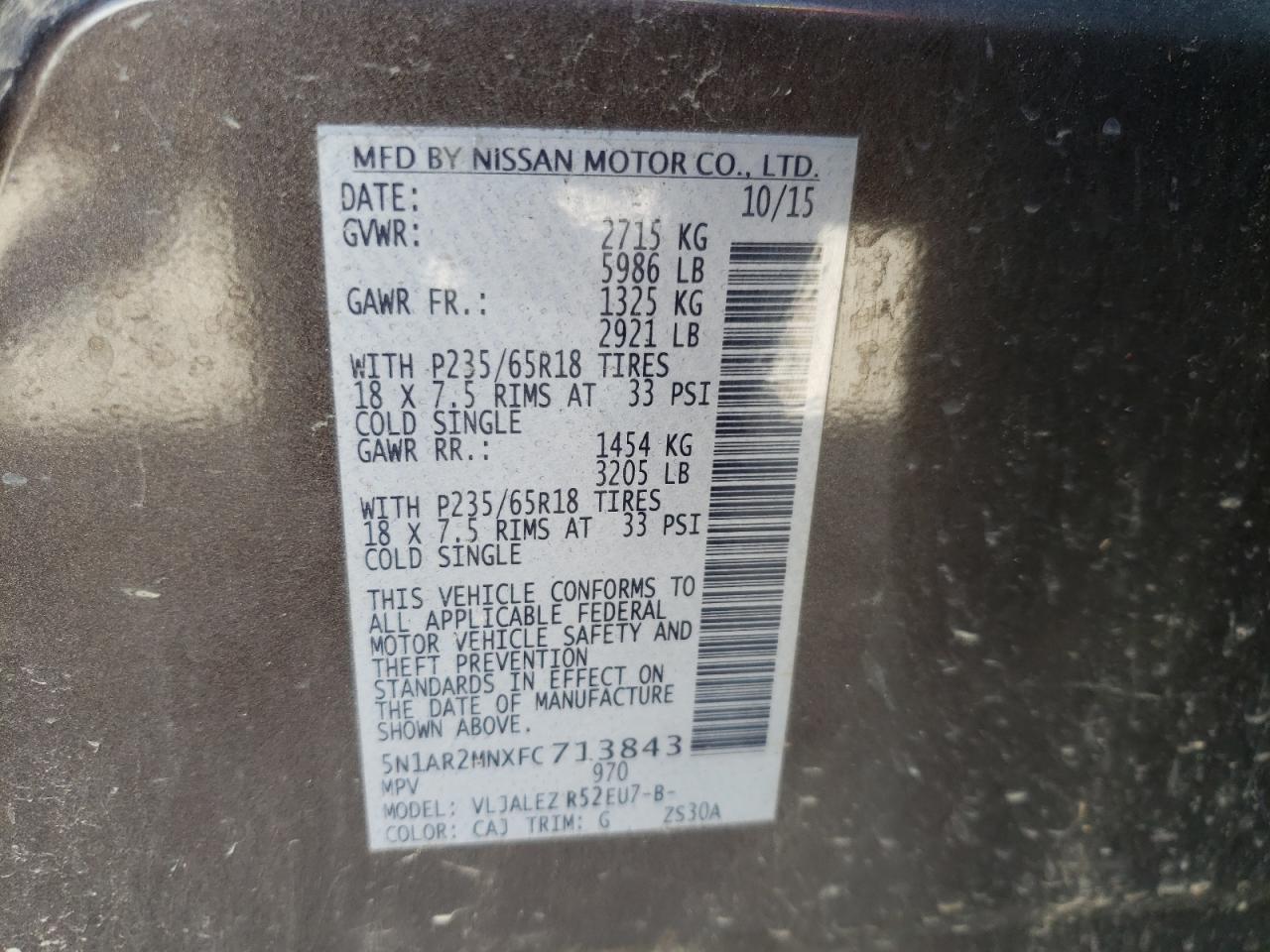 Photo 10 from auction – 2015 NISSAN PATHFINDER with VIN 5N1AR2MNXFC713843