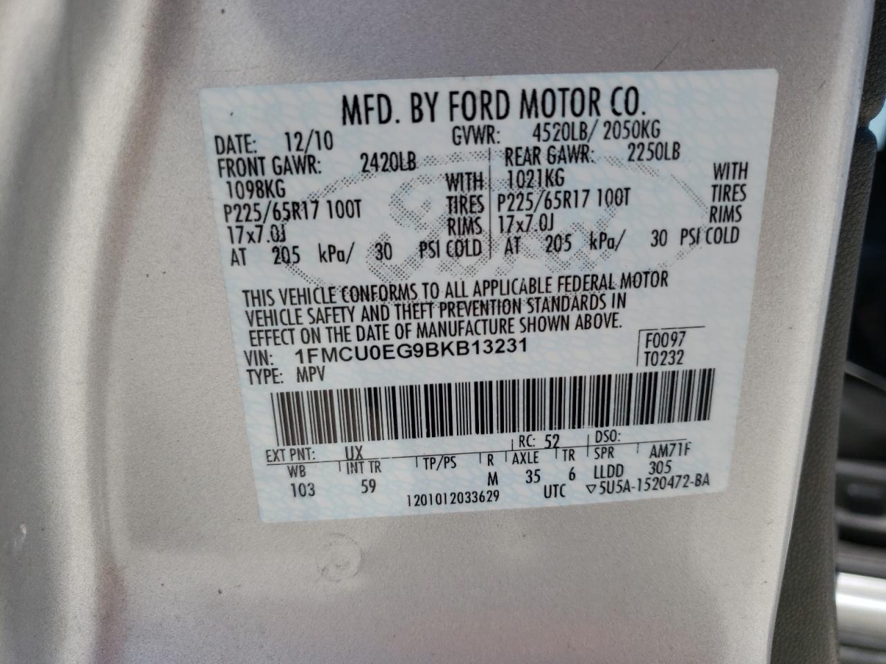 Photo 10 from auction – 2011 FORD ESCAPE LIM with VIN 1FMCU0EG9BKB13231