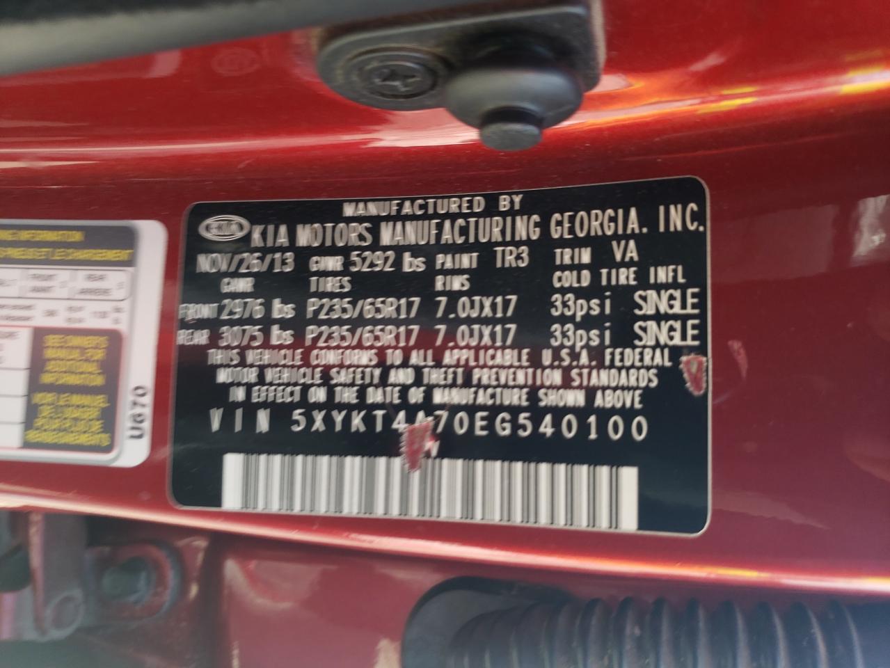 Photo 10 from auction – 2014 KIA SORENTO LX with VIN 5XYKT4A70EG540100