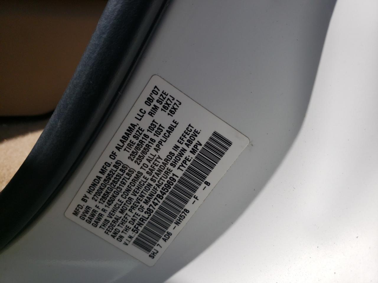 Photo 10 from auction – 2007 HONDA ODYSSEY EX with VIN 5FNRL38747B459691