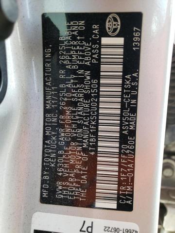 Photo 10 from auction – 2012 TOYOTA CAMRY BASE with VIN 4T1BF1FK5CU021506