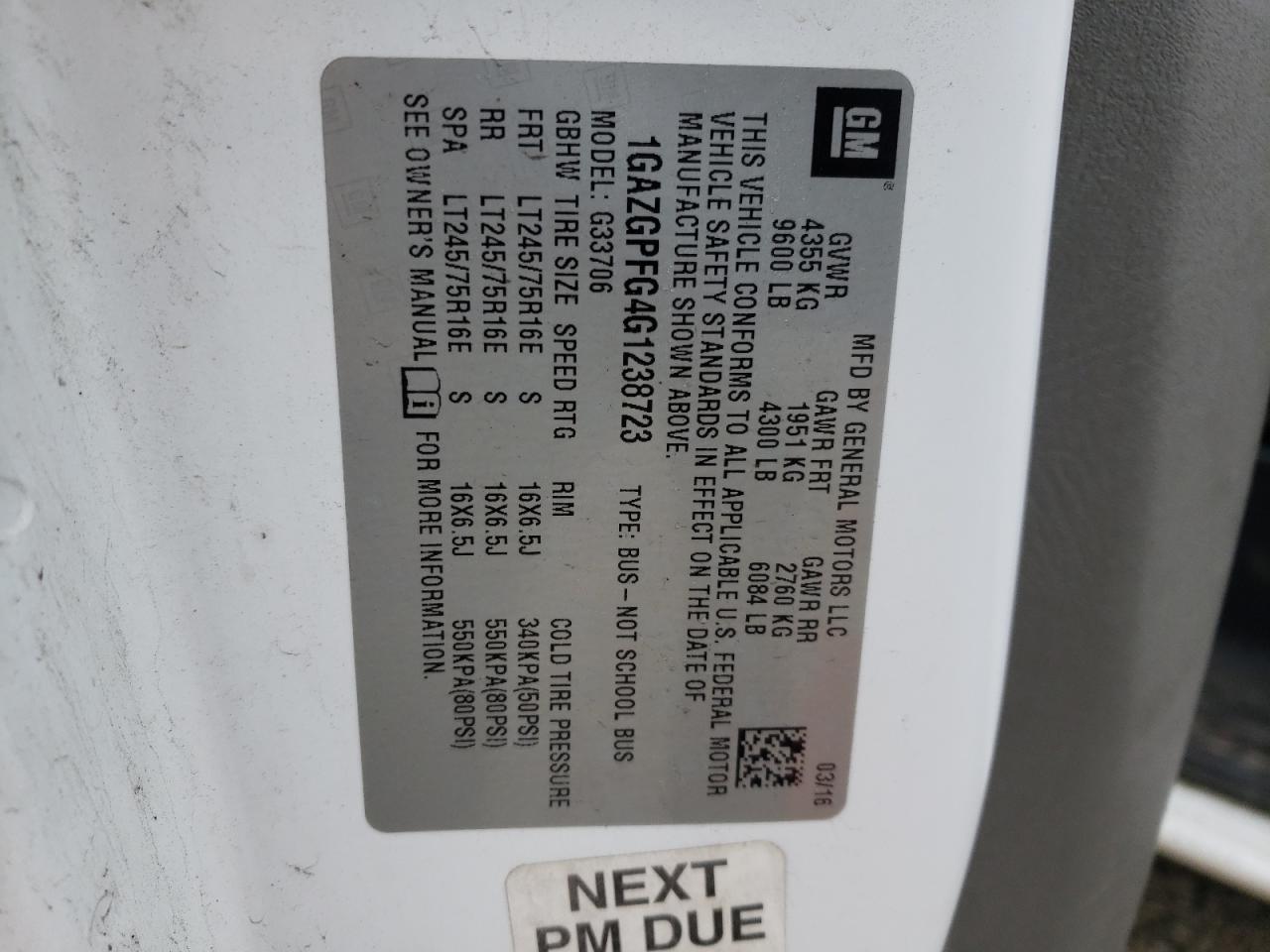 Photo 10 from auction – 2016 CHEVROLET EXPRESS G3 with VIN 1GAZGPFG4G1238723