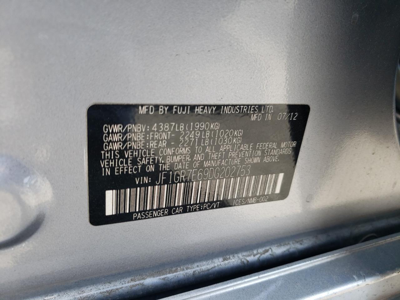 Photo 11 from auction – 2013 SUBARU IMPREZA WR with VIN JF1GR7E69DG202753