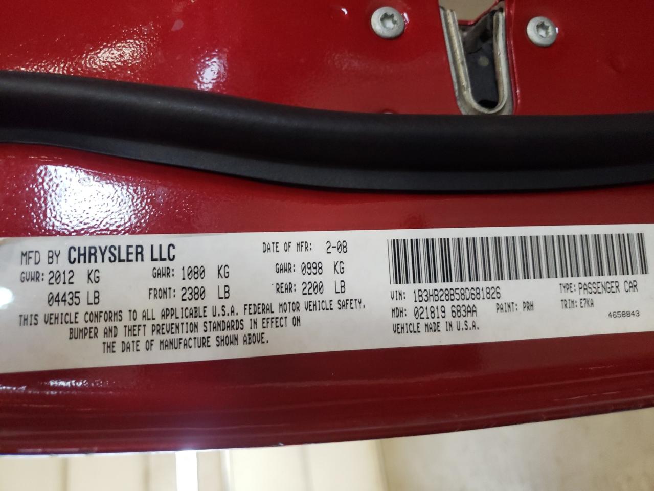 Photo 10 from auction – 2008 DODGE CALIBER with VIN 1B3HB28B58D681826