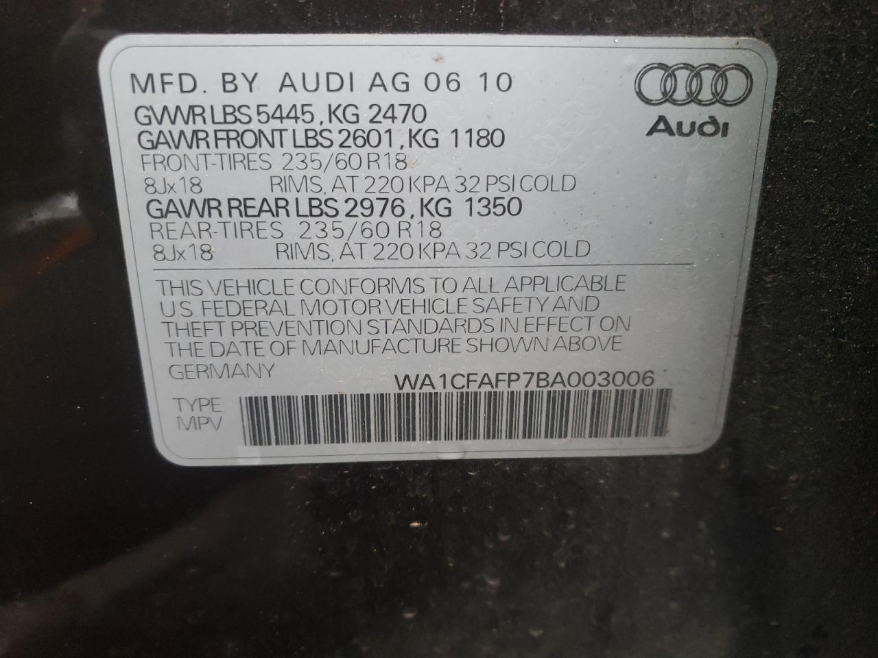 Photo 10 from auction – 2011 AUDI Q5 PREMIUM with VIN WA1CFAFP7BA003006