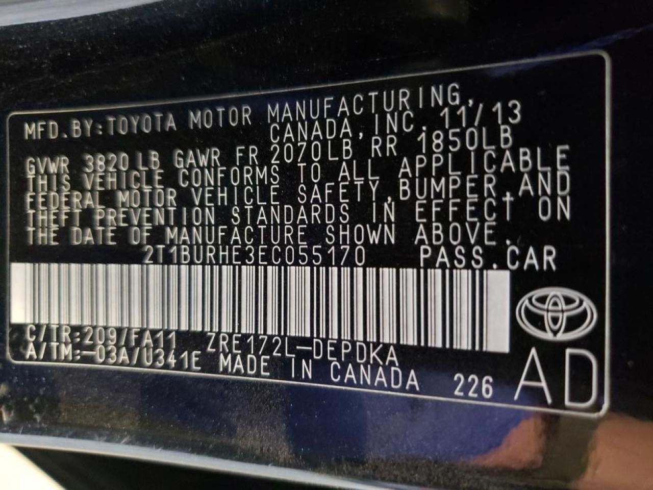 Photo 10 from auction – 2014 TOYOTA COROLLA L with VIN 2T1BURHE3EC055170