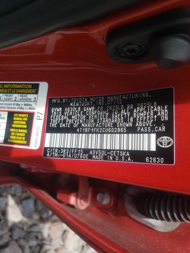 Photo 10 from auction – 2012 TOYOTA CAMRY BASE with VIN 4T1BF1FK2CU602865