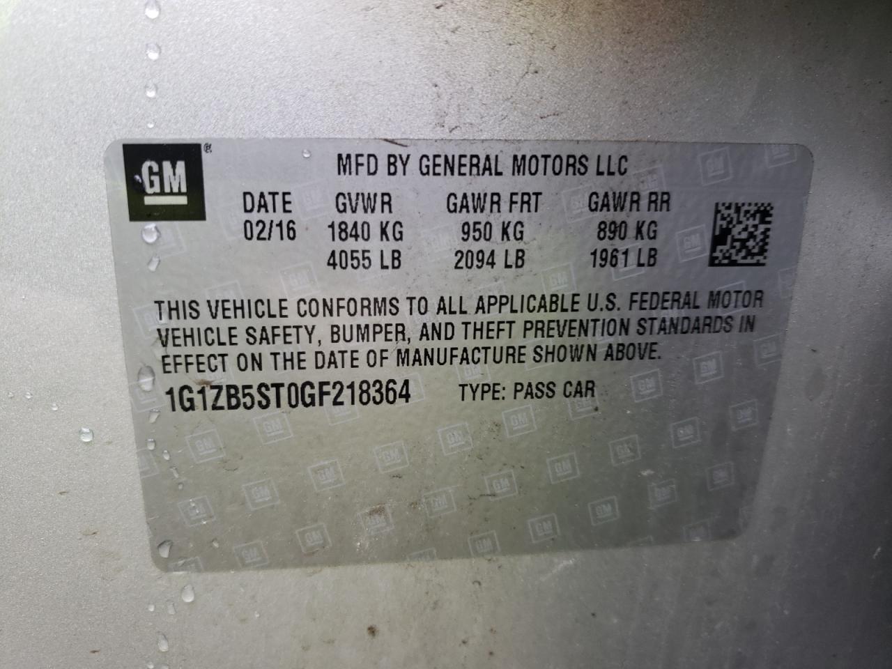 Photo 10 from auction – 2016 CHEVROLET MALIBU LS with VIN 1G1ZB5ST0GF218364