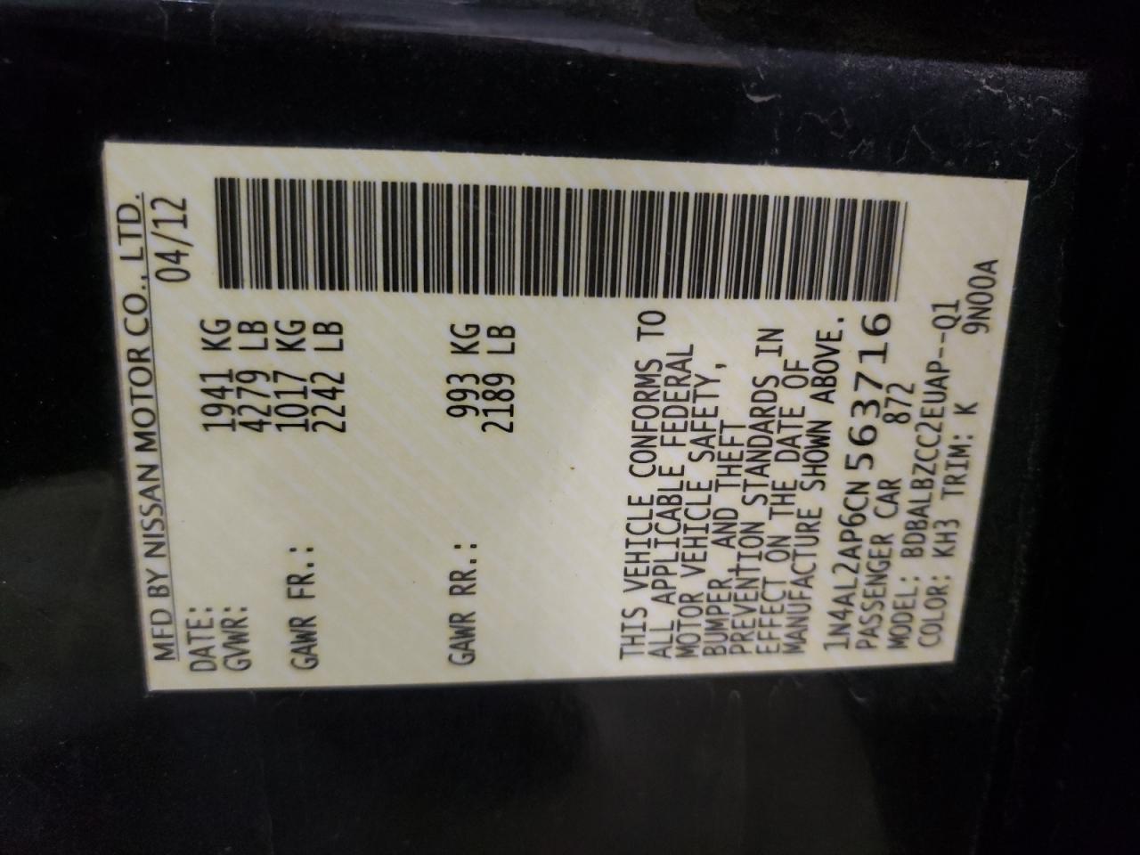 Photo 10 from auction – 2012 NISSAN ALTIMA BAS with VIN 1N4AL2AP6CN563716