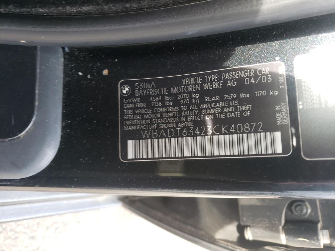 Photo 10 from auction – 2003 BMW 530 I AUTO with VIN WBADT63423CK40872