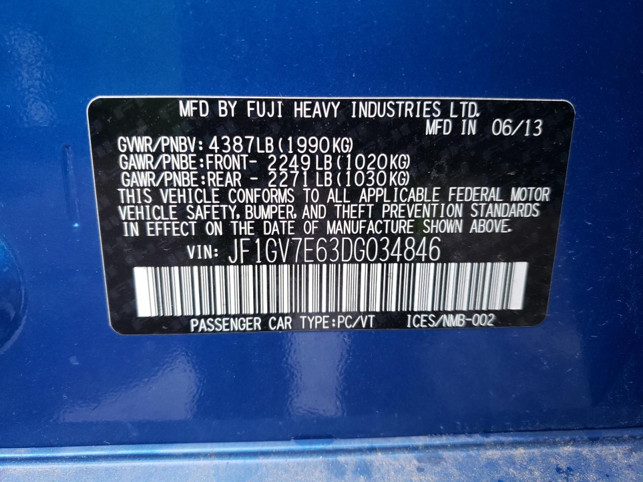 Photo 10 from auction – 2013 SUBARU IMPREZA WR with VIN JF1GV7E63DG034846