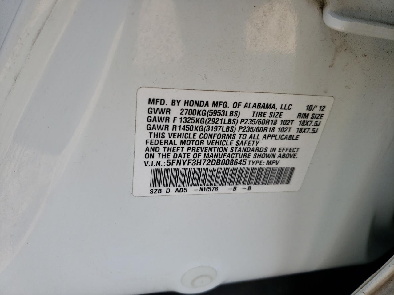 Photo 20 from auction – 2013 HONDA PILOT EXLN with VIN 5FNYF3H72DB008645
