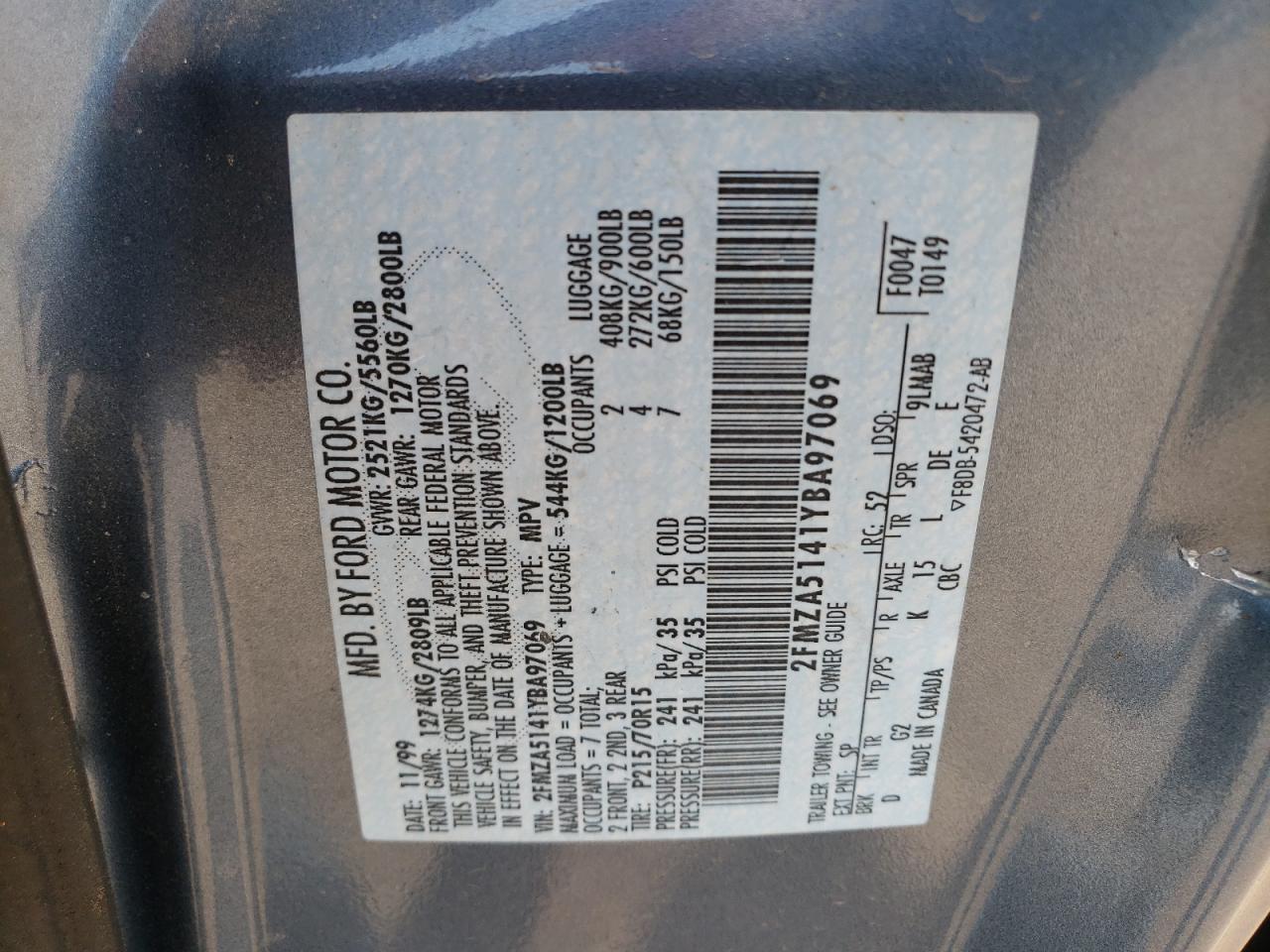 Photo 10 from auction – 2000 FORD WINDSTAR L with VIN 2FMZA5141YBA97069