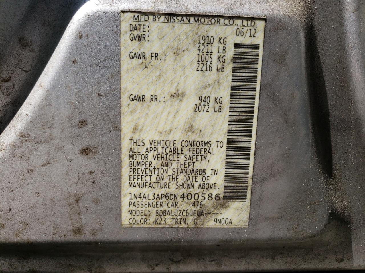 Photo 10 from auction – 2013 NISSAN ALTIMA 2.5 with VIN 1N4AL3AP6DN400586