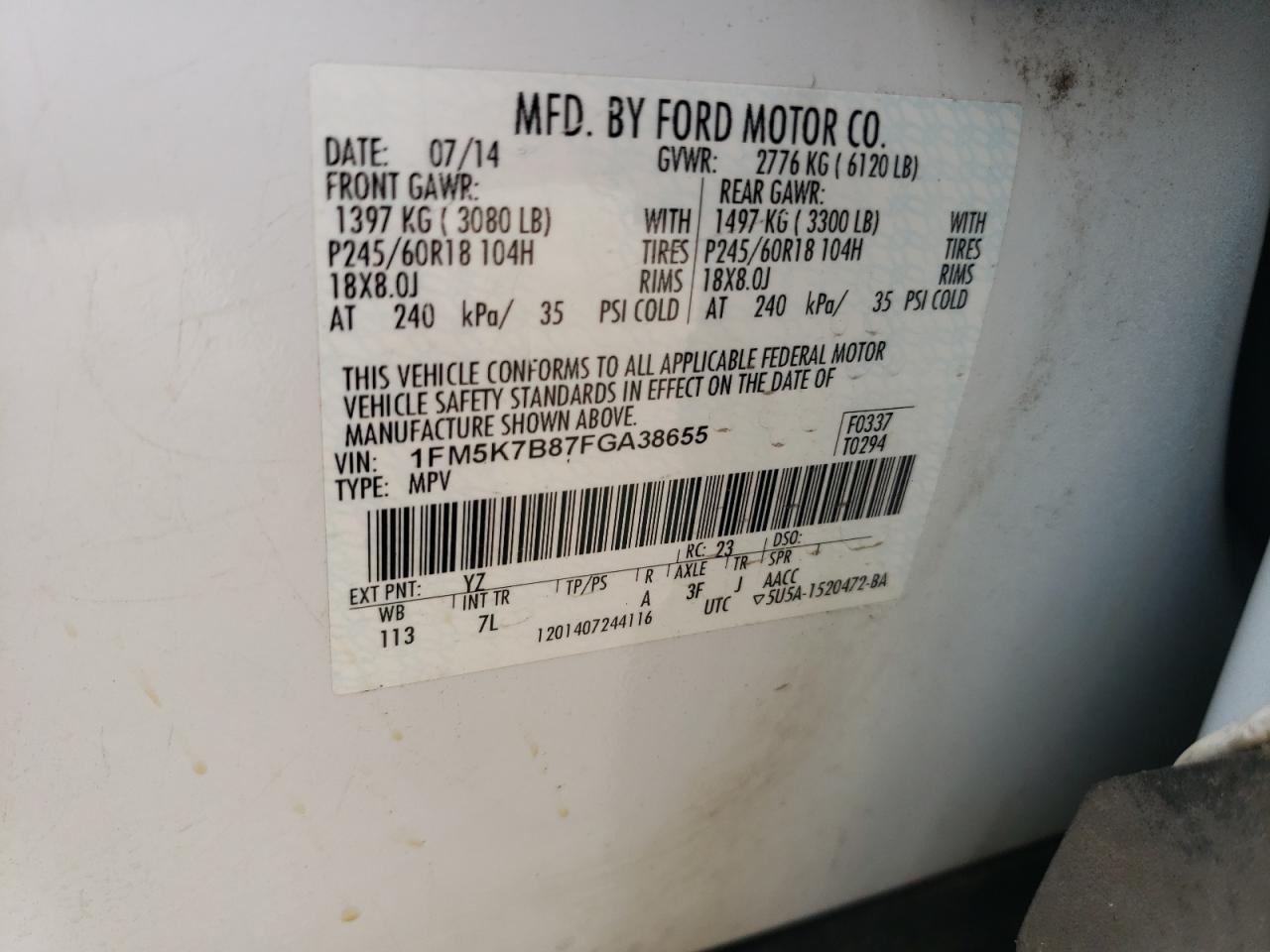 Photo 10 from auction – 2015 FORD EXPLORER with VIN 1FM5K7B87FGA38655