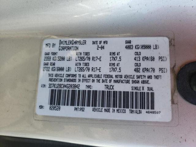 Photo 10 from auction – 2004 DODGE RAM 2500 S with VIN 3D7KU28C04G203842