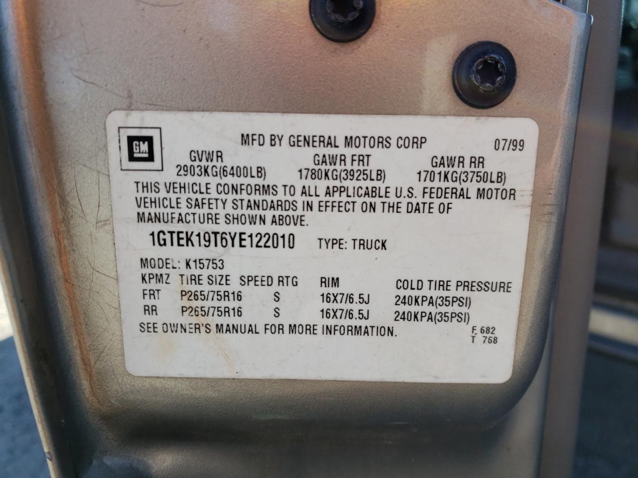 Photo 10 from auction – 2000 GMC NEW SIERRA with VIN 1GTEK19T6YE122010