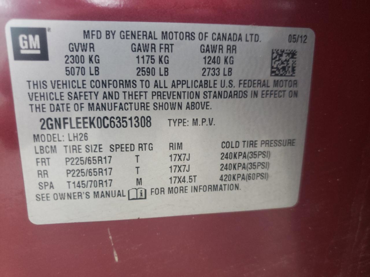 Photo 10 from auction – 2012 CHEVROLET EQUINOX LT with VIN 2GNFLEEK0C6351308