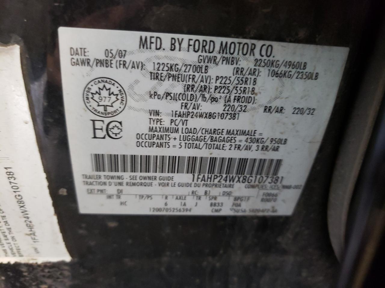 Photo 10 from auction – 2008 FORD TAURUS SEL with VIN 1FAHP24WX8G107381