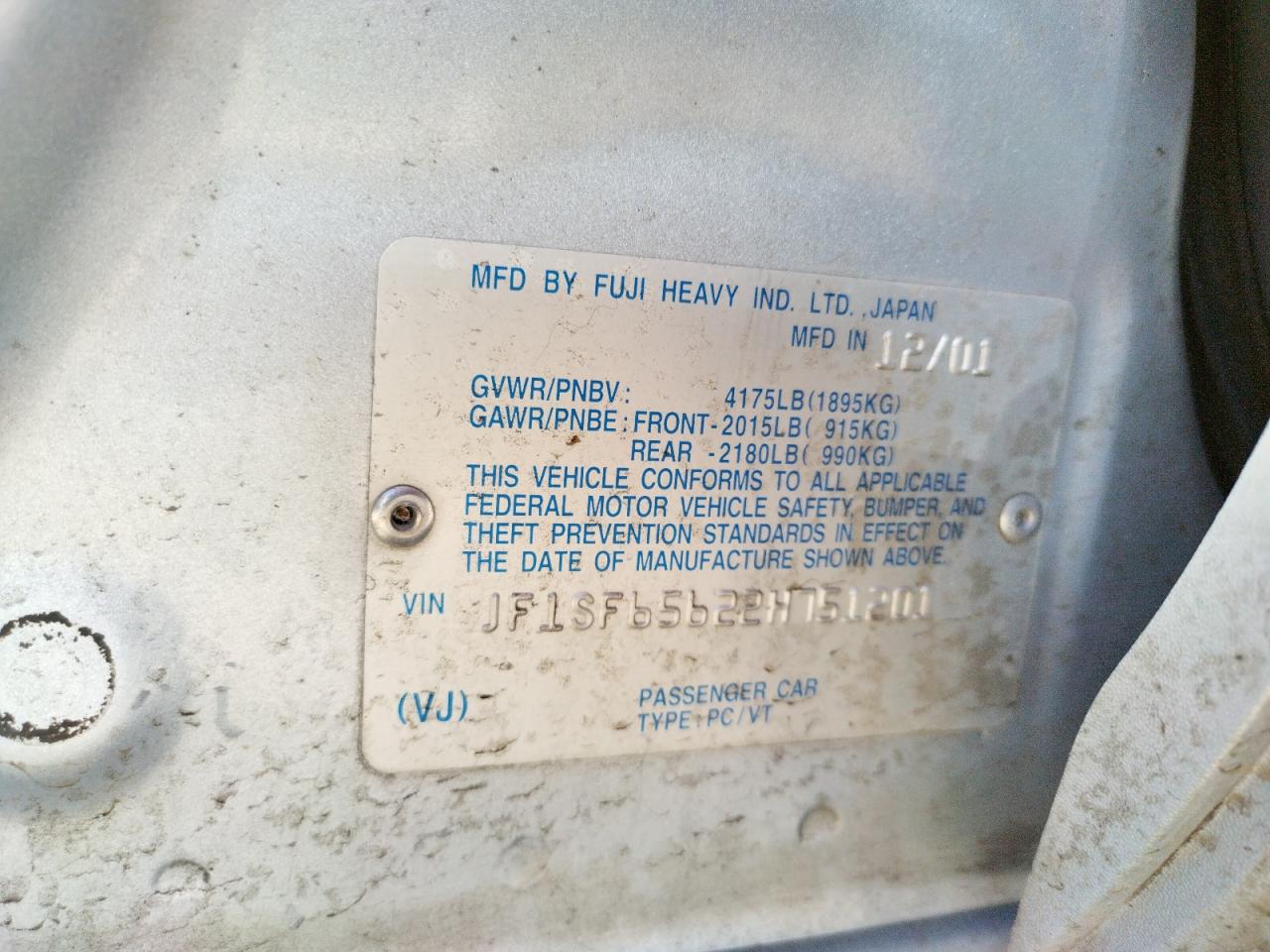 Photo 10 from auction – 2002 SUBARU FORESTER S with VIN JF1SF65622H751201