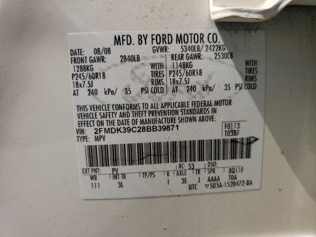 Photo 10 from auction – 2008 FORD EDGE LIMIT with VIN 2FMDK39C28BB39871