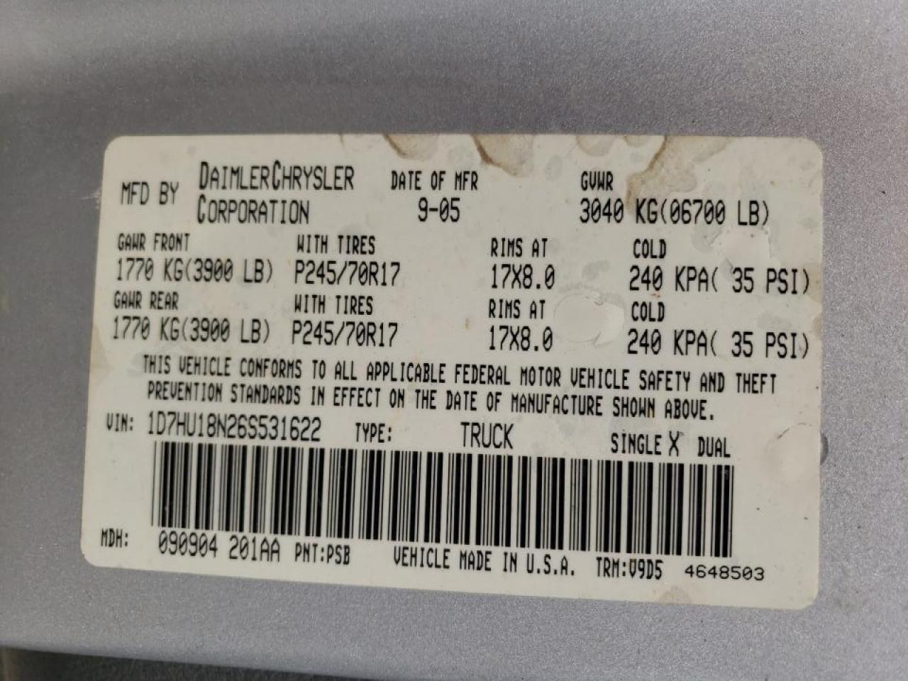 Photo 10 from auction – 2006 DODGE RAM 1500 S with VIN 1D7HU18N26S531622