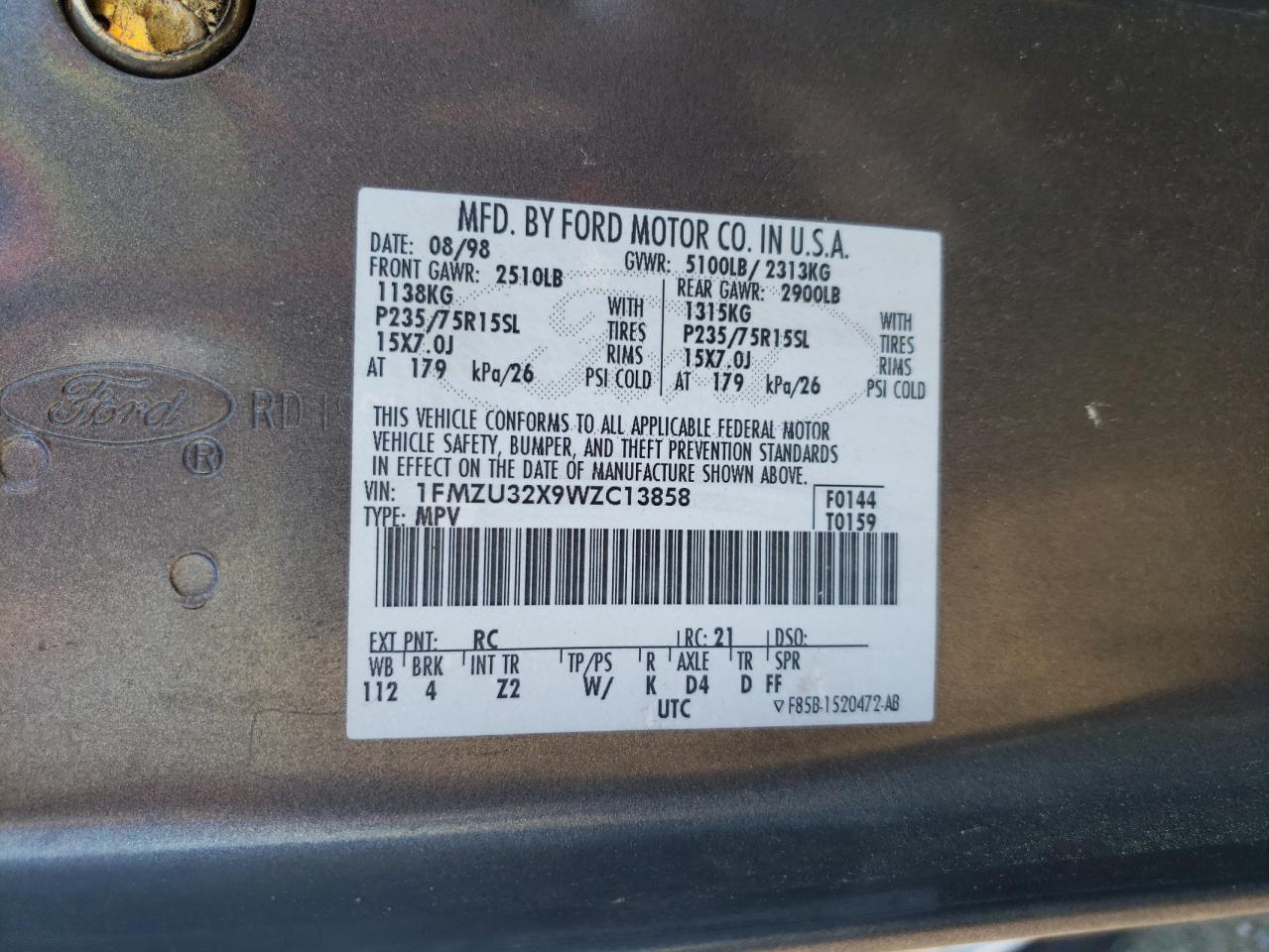 Photo 10 from auction – 1998 FORD EXPLORER with VIN 1FMZU32X9WZC13858
