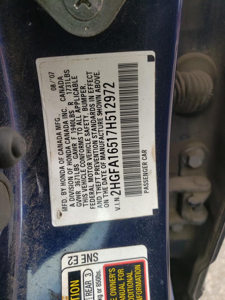 Photo 10 from auction – 2007 HONDA CIVIC LX with VIN 2HGFA16517H512972