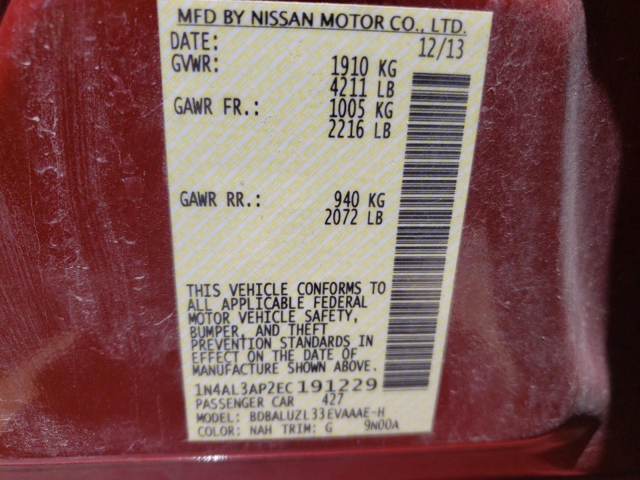 Photo 10 from auction – 2014 NISSAN ALTIMA 2.5 with VIN 1N4AL3AP2EC191229