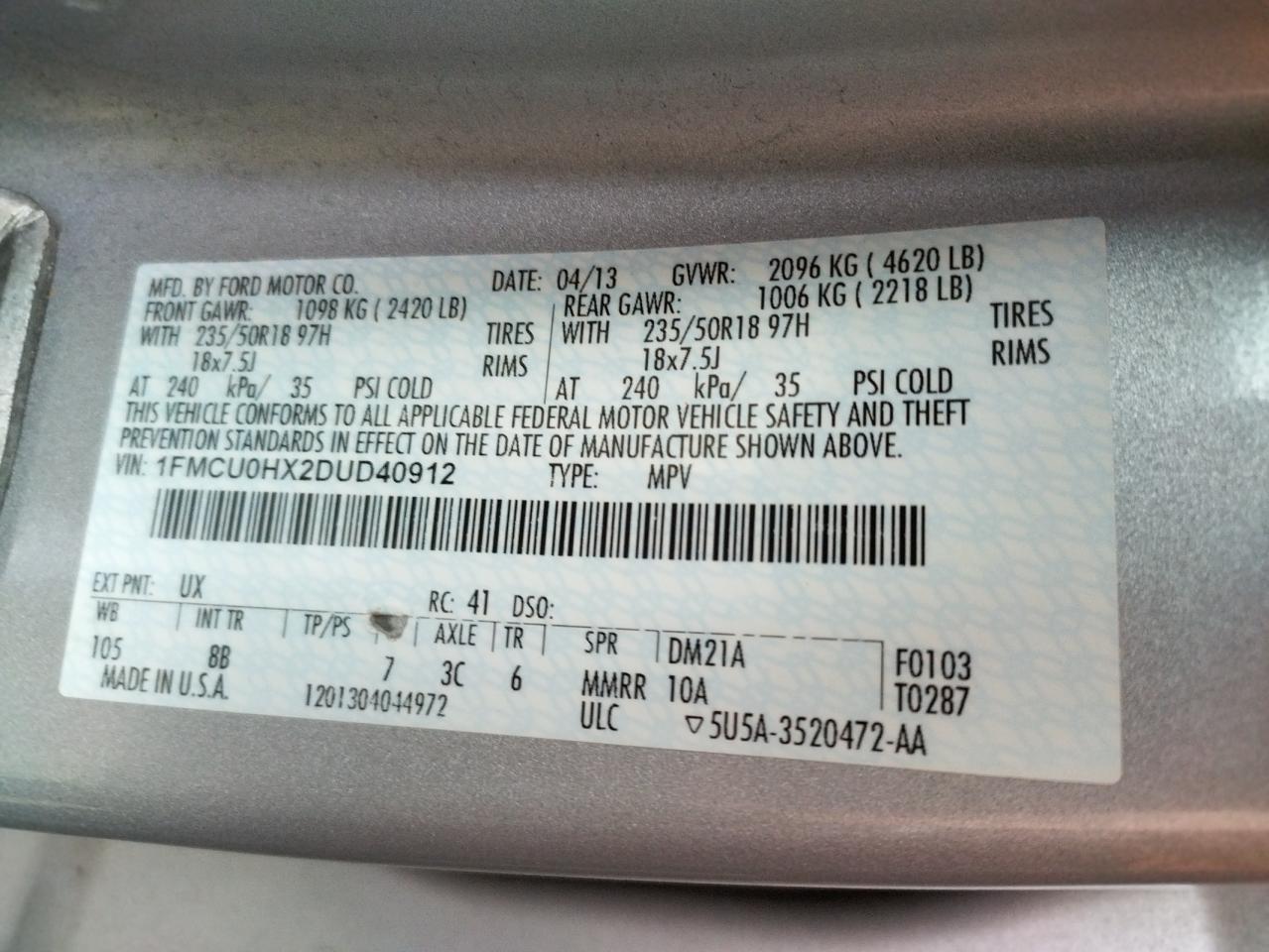 Photo 10 from auction – 2013 FORD ESCAPE SEL with VIN 1FMCU0HX2DUD40912