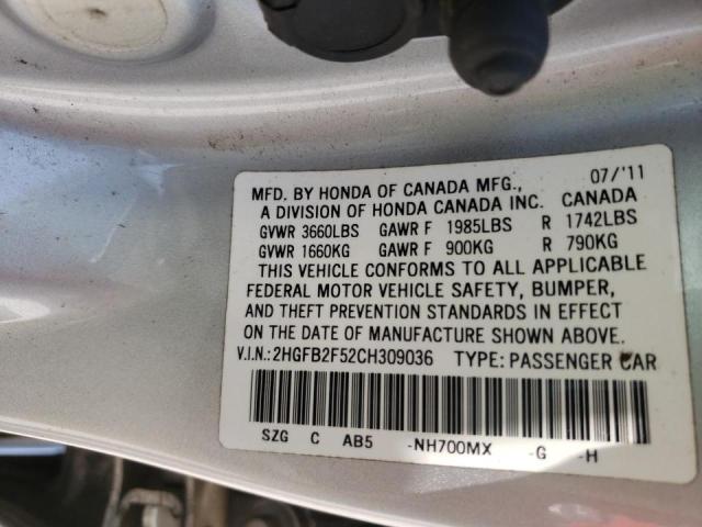 Photo 10 from auction – 2012 HONDA CIVIC LX with VIN 2HGFB2F52CH309036