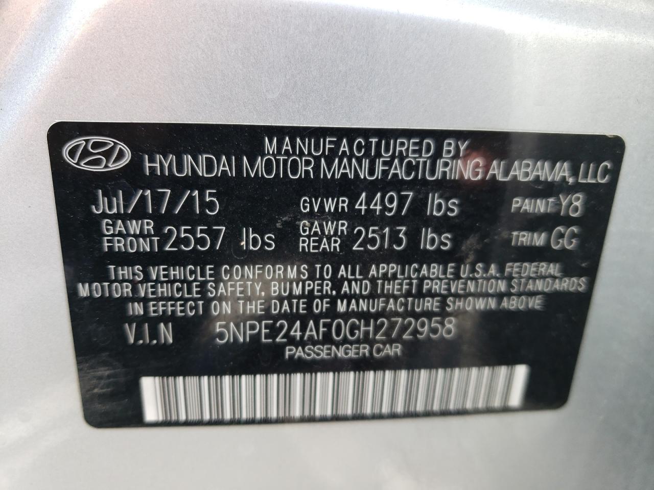 Photo 10 from auction – 2016 HYUNDAI SONATA SE with VIN 5NPE24AF0GH272958
