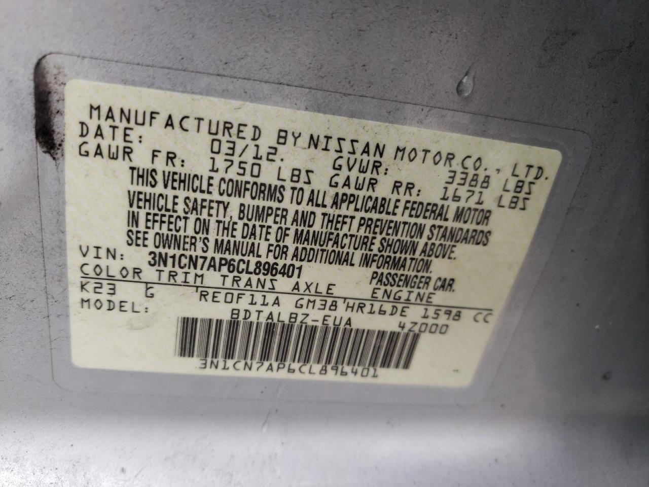 Photo 10 from auction – 2012 NISSAN VERSA S with VIN 3N1CN7AP6CL896401