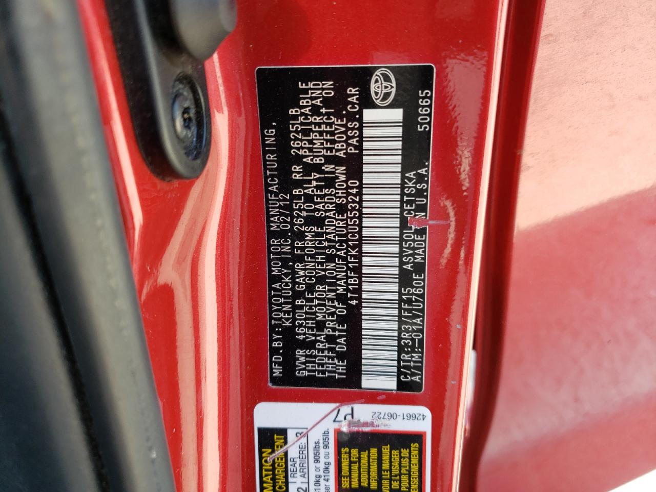 Photo 10 from auction – 2012 TOYOTA CAMRY BASE with VIN 4T1BF1FK1CU553240