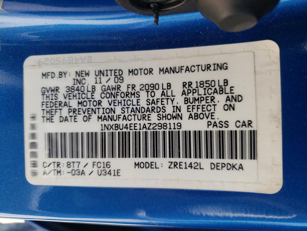 Photo 10 from auction – 2010 TOYOTA COROLLA BA with VIN 1NXBU4EE1AZ298119