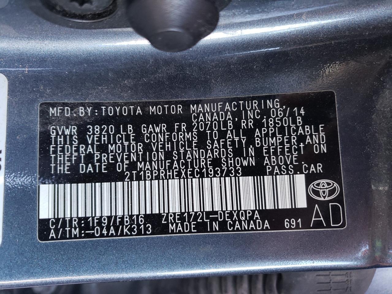 Photo 10 from auction – 2014 TOYOTA COROLLA EC with VIN 2T1BPRHEXEC193733