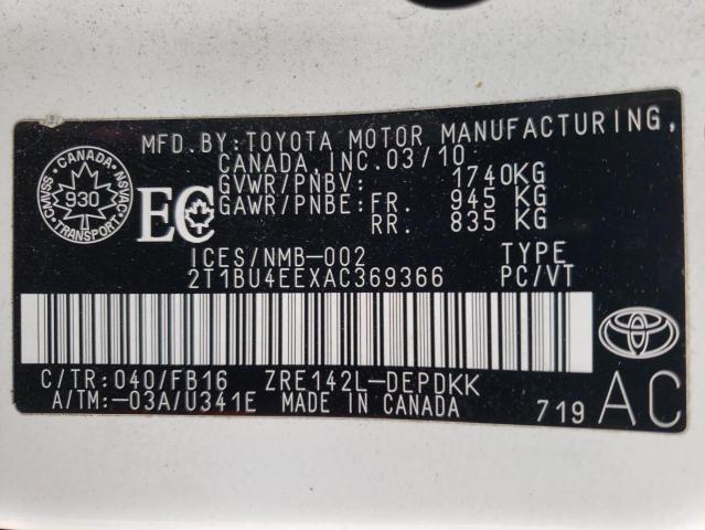Photo 10 from auction – 2010 TOYOTA COROLLA BA with VIN 2T1BU4EEXAC369366
