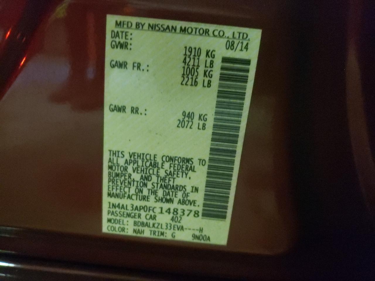 Photo 10 from auction – 2015 NISSAN ALTIMA 2.5 with VIN 1N4AL3AP0FC148378