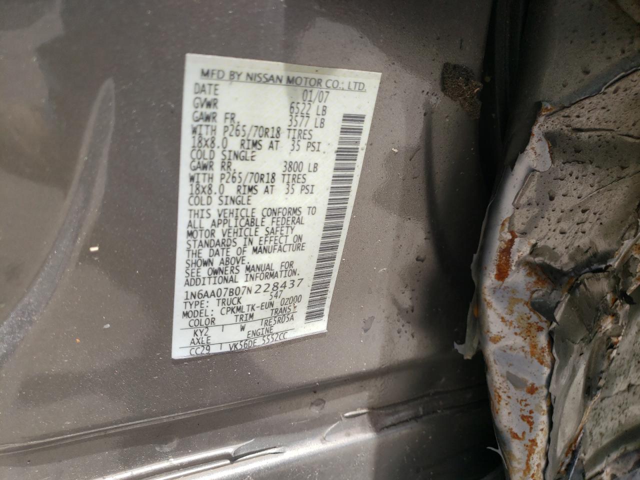 Photo 10 from auction – 2007 NISSAN TITAN XE with VIN 1N6AA07B07N228437