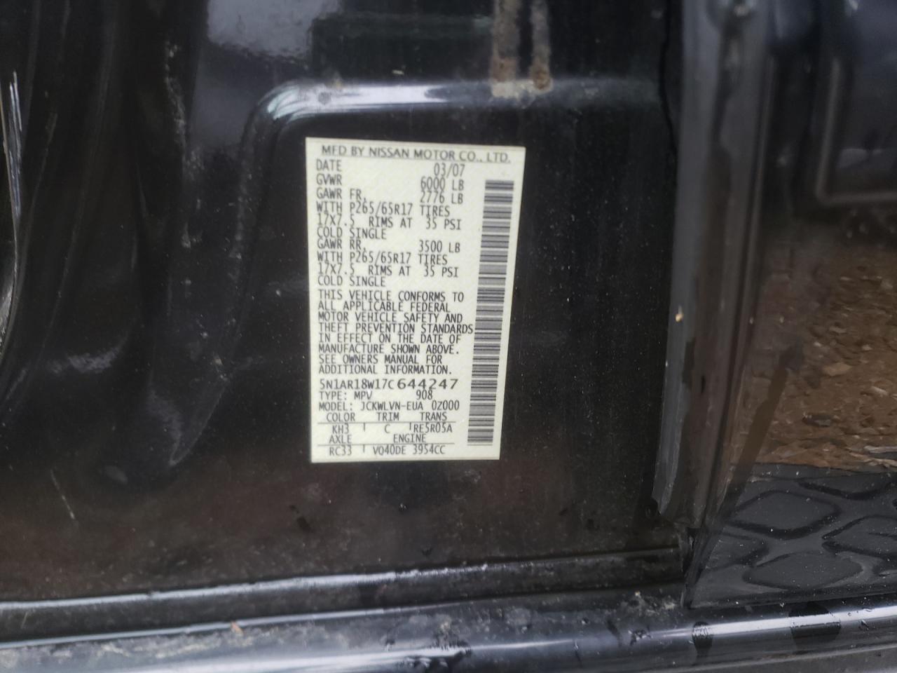 Photo 10 from auction – 2007 NISSAN PATHFINDER with VIN 5N1AR18W17C644247
