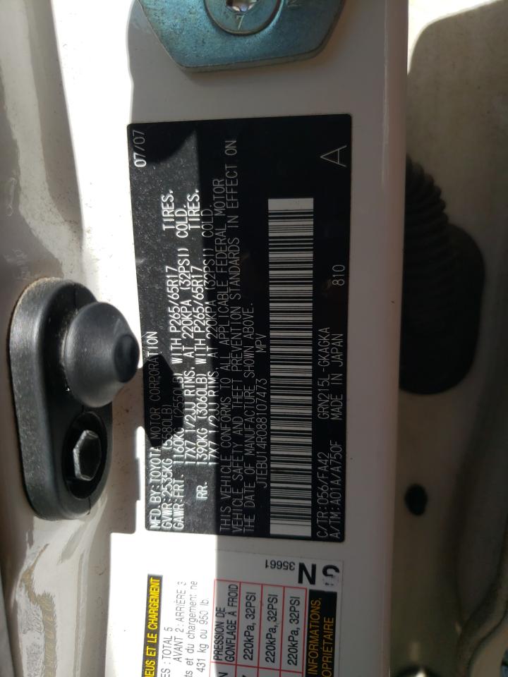 Photo 10 from auction – 2008 TOYOTA 4RUNNER SR with VIN JTEBU14R088107473