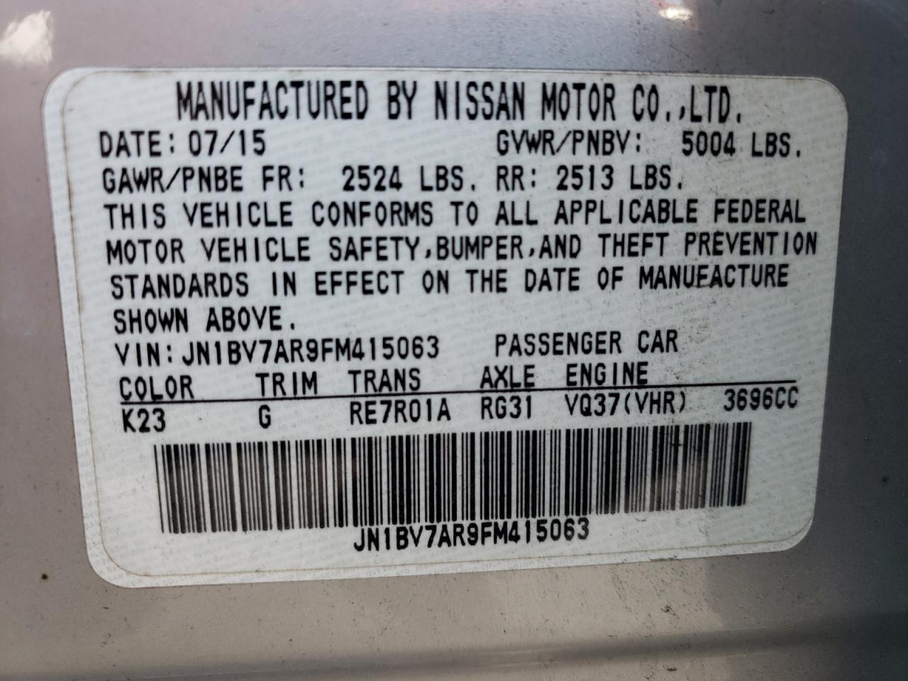 Photo 10 from auction – 2015 INFINITI Q50 BASE with VIN JN1BV7AR9FM415063